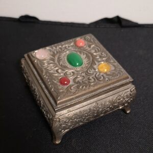 Lovely Vintage Silver Tone Lidded Jewelry Trinket Box Colorful Stones Japan
